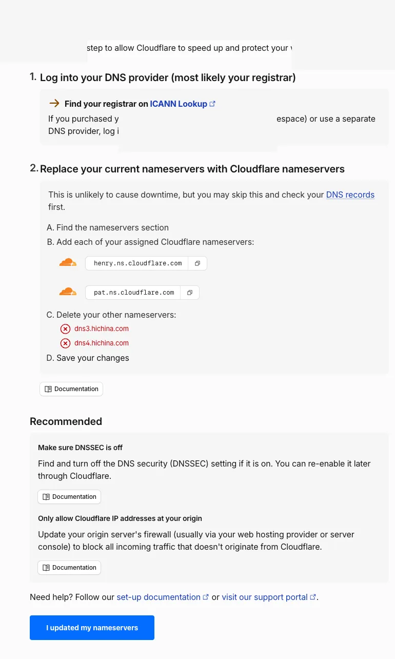 Cloudflare 分配 Nameserver